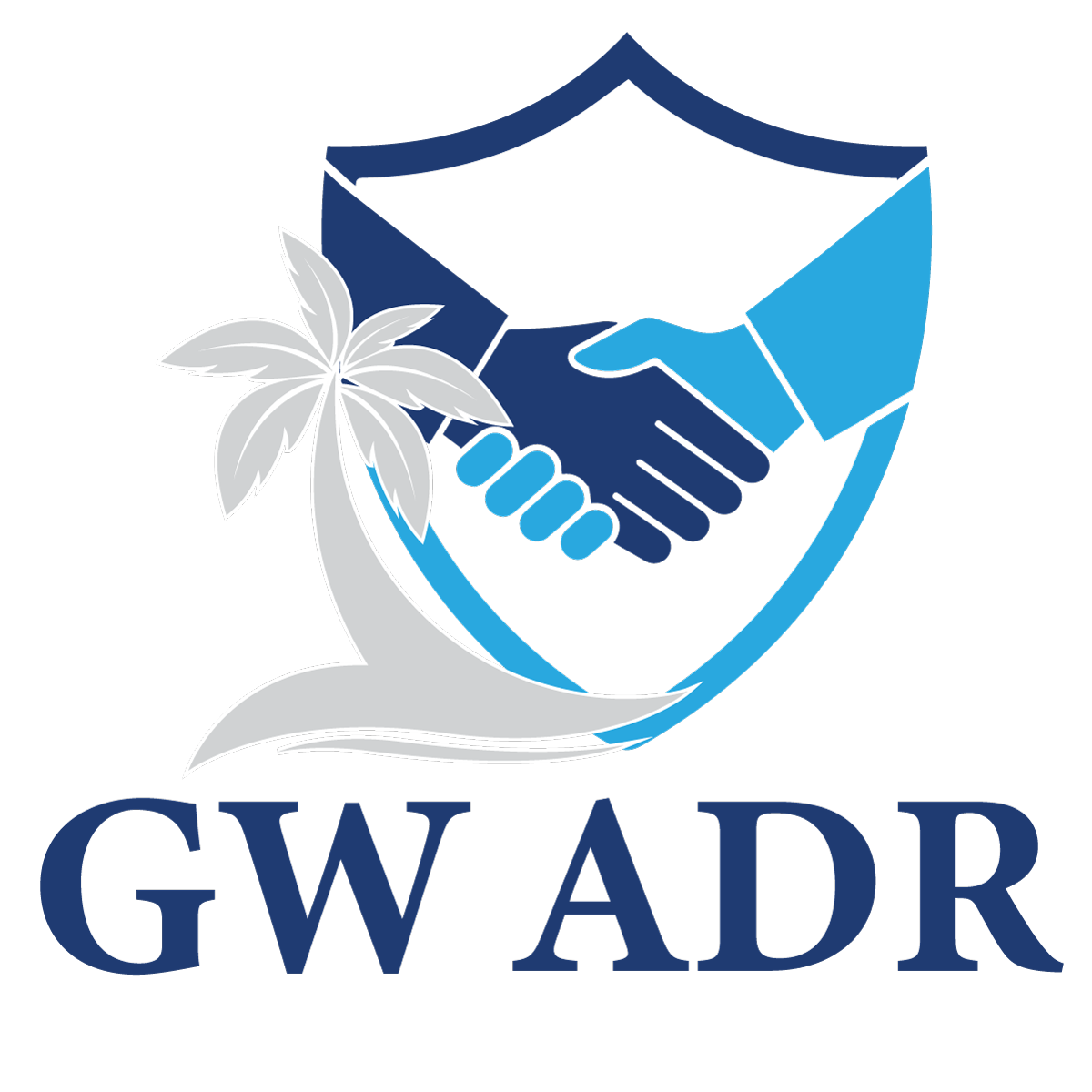 Logo with handshake, palm tree, and shield, labeled GWADR.